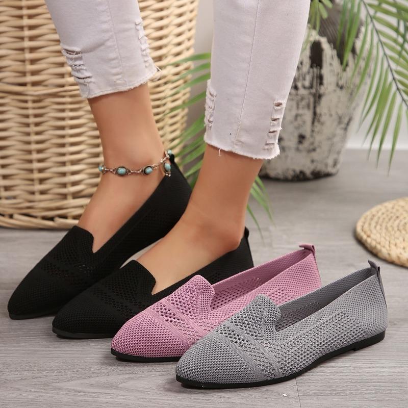 Fashion New Women Flats Solid Color Mesh Loafers Shallow Women Flats Shoes Soft Bottom Knit Ballet Flats Shoes Casual Slip On Boat Shoes