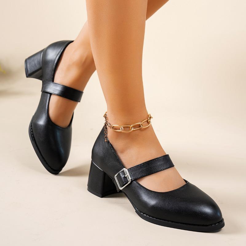 Mode Spitzschuh Flacher Ausschnitt Metallschnalle A-Linie mit hohen Absätzen Frühling Neu Leder Weiche Sohle Rutschfest Dicker Absatz Schuhe