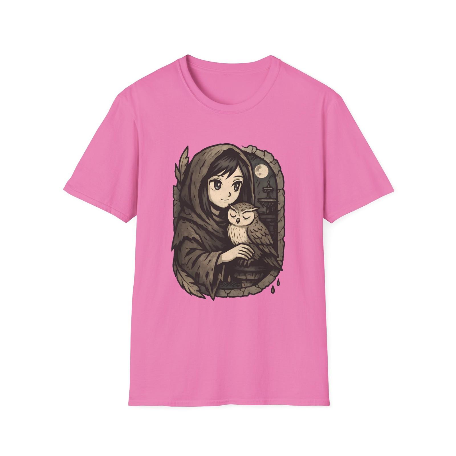 Unisex Softstyle Fantasy Noir T-Shirt Mens Womens Tees Top – Cloaked Figure and Owl, Moonlit Dream L