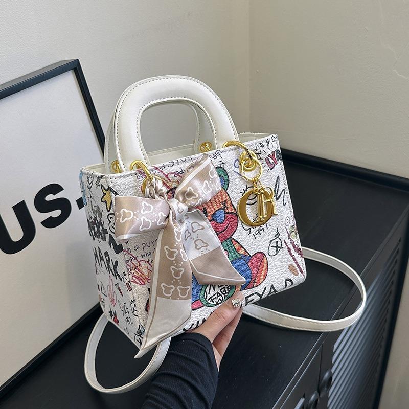 New fashion silk scarf graffiti contrasting color Princess Diana bag portable shoulder oblique span trendy women's bag