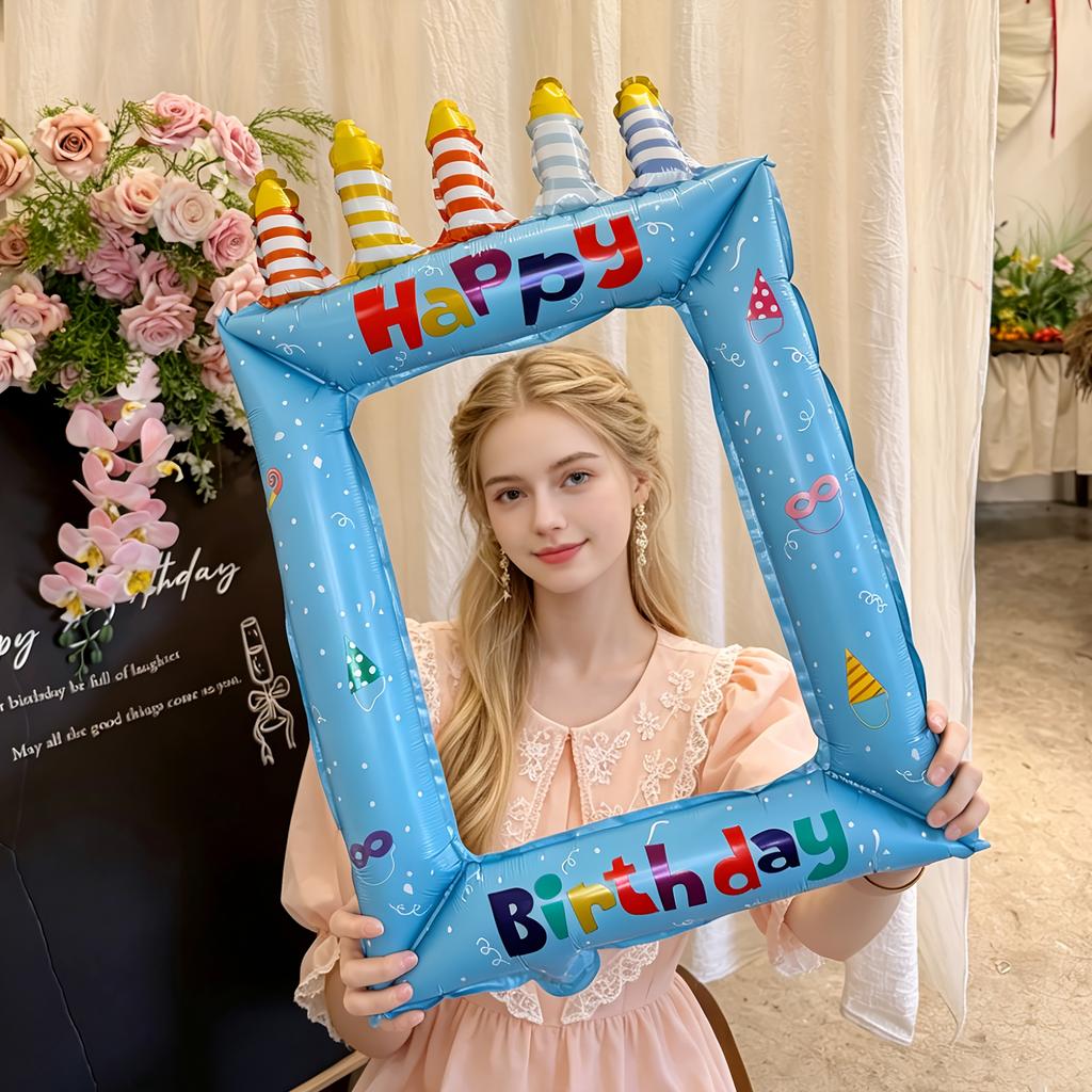 1pc Pink Blue Inflatable Photo Frame Balloons Party Photo Booth Props with Happy Birthday Messages and Candle Designs