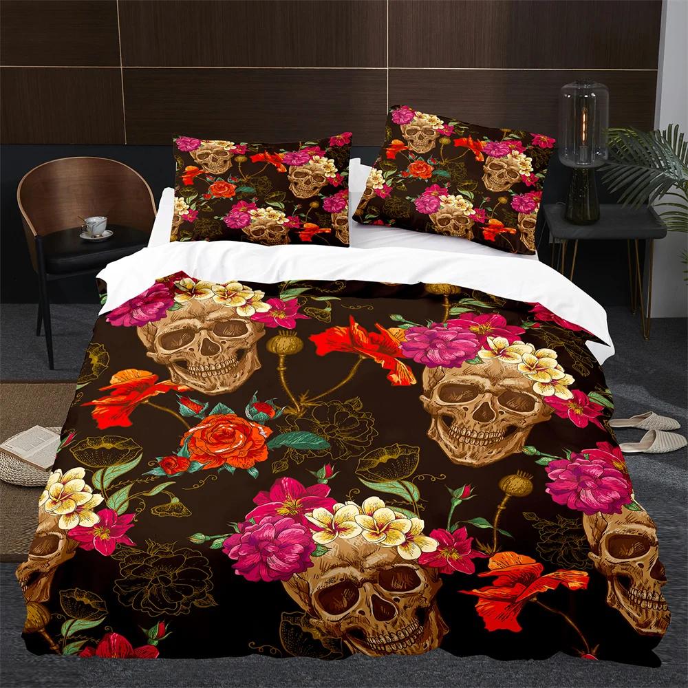 Sugar Skull King Queen Duvet Cover Gothic Skeleton Bones Floral Bedding Set Day Of The Dead Theme 2/3Pcs Polyester Quilt Cover