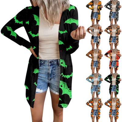 Women's Fashion Casual Long-sleeved Halloween Print Medium Length Cardigan Button Jacket Coat