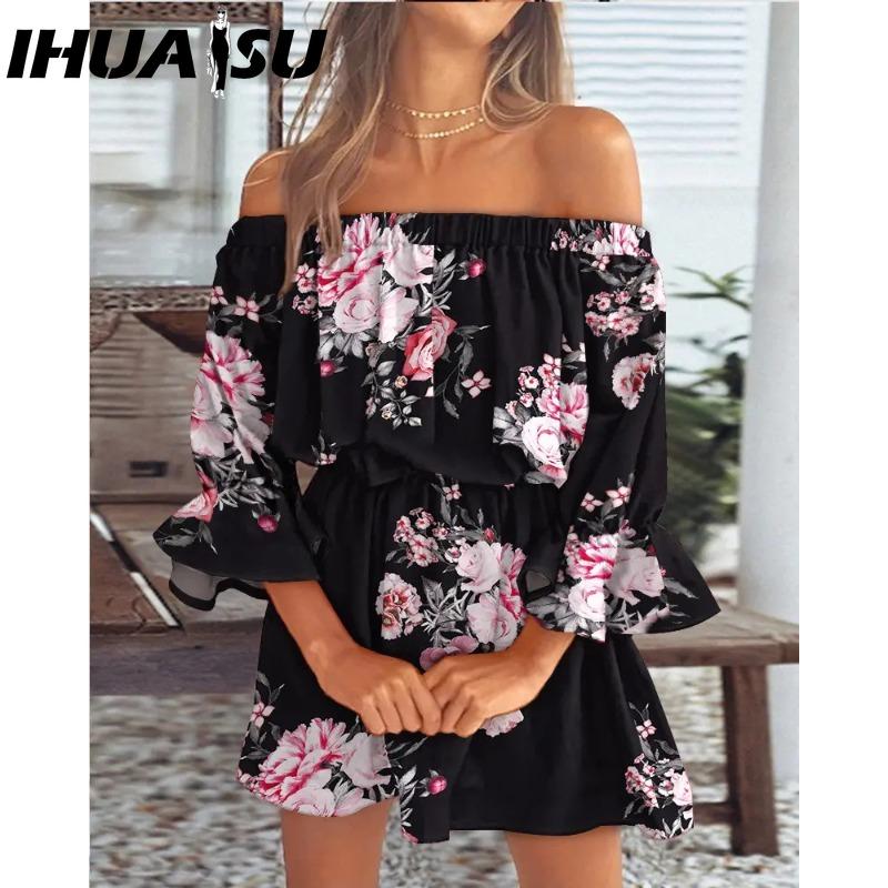 

IHUASU Женская мода лето весна однотонный принт рукава 1/2 одно плечо высокая талия повседневные платья XXXL