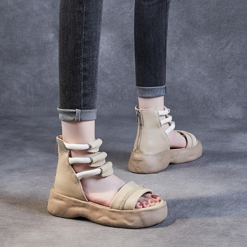 GKTINOO 8cm Natürliches Echtes Leder Sandalen Stiefel Ballerinas Plateau Keil Sommer Damen Ausgehöhlte Pumps Peep Toe Stiefeletten Mary Jane Schuh