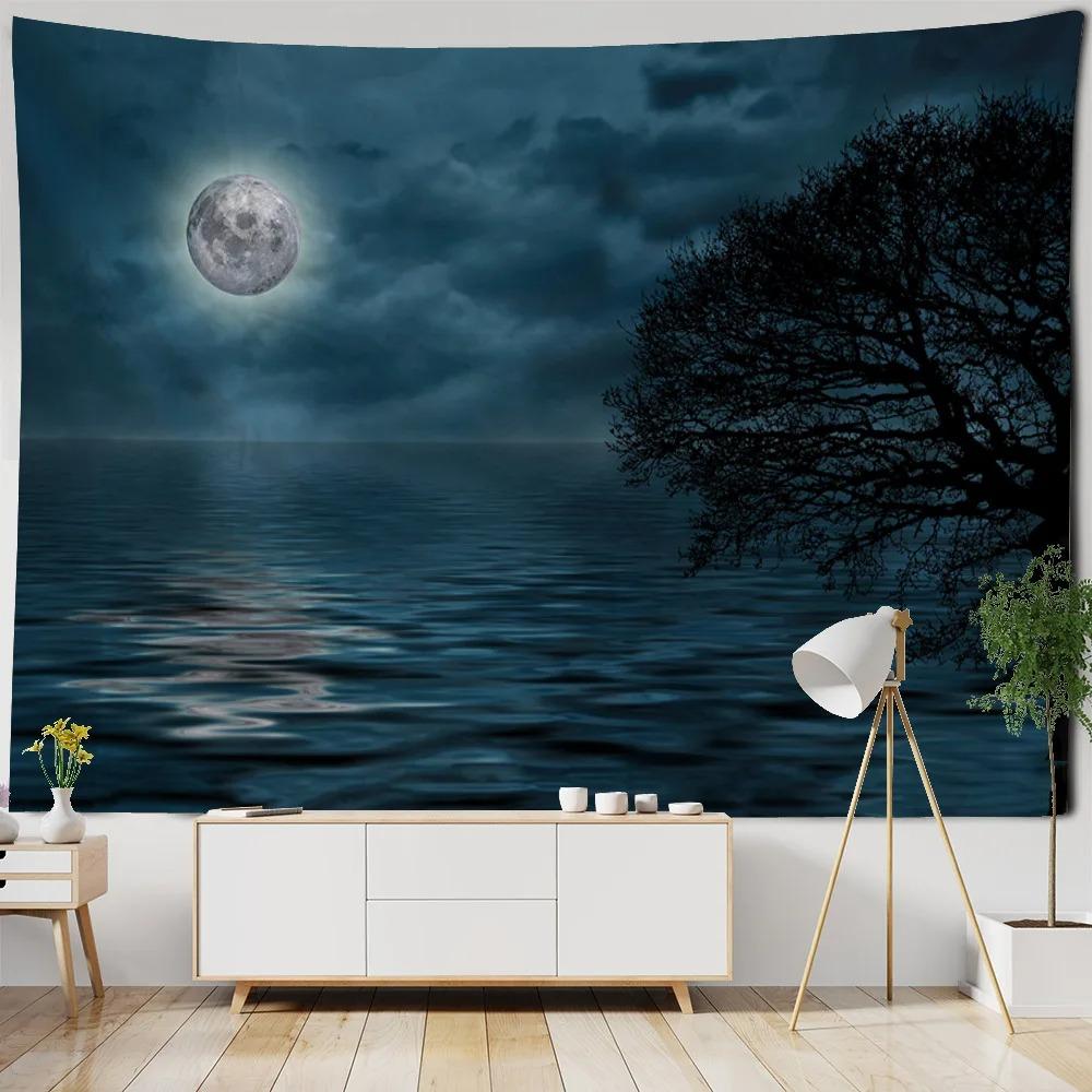 Water Moon Night Scene Pattern Tapestry Home Wall Decoration Tapestry Bedroom Living Room Tapestry