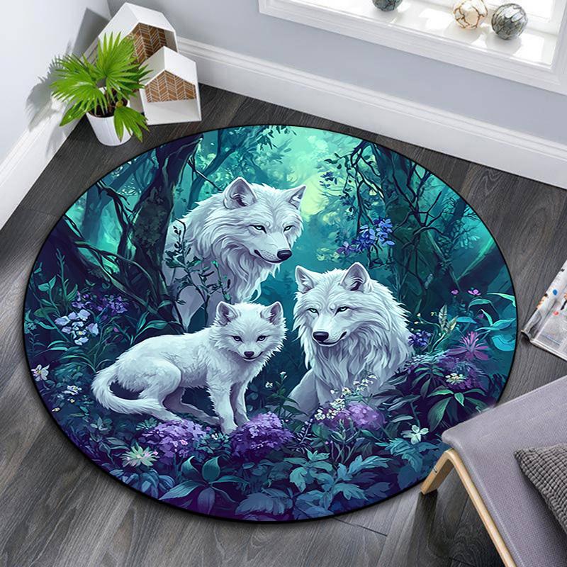 Wolf Family Round Area Rug,Carpet Rug for Living Room Bedroom Sofa Playroom Decor,Non-slip Floor Mat