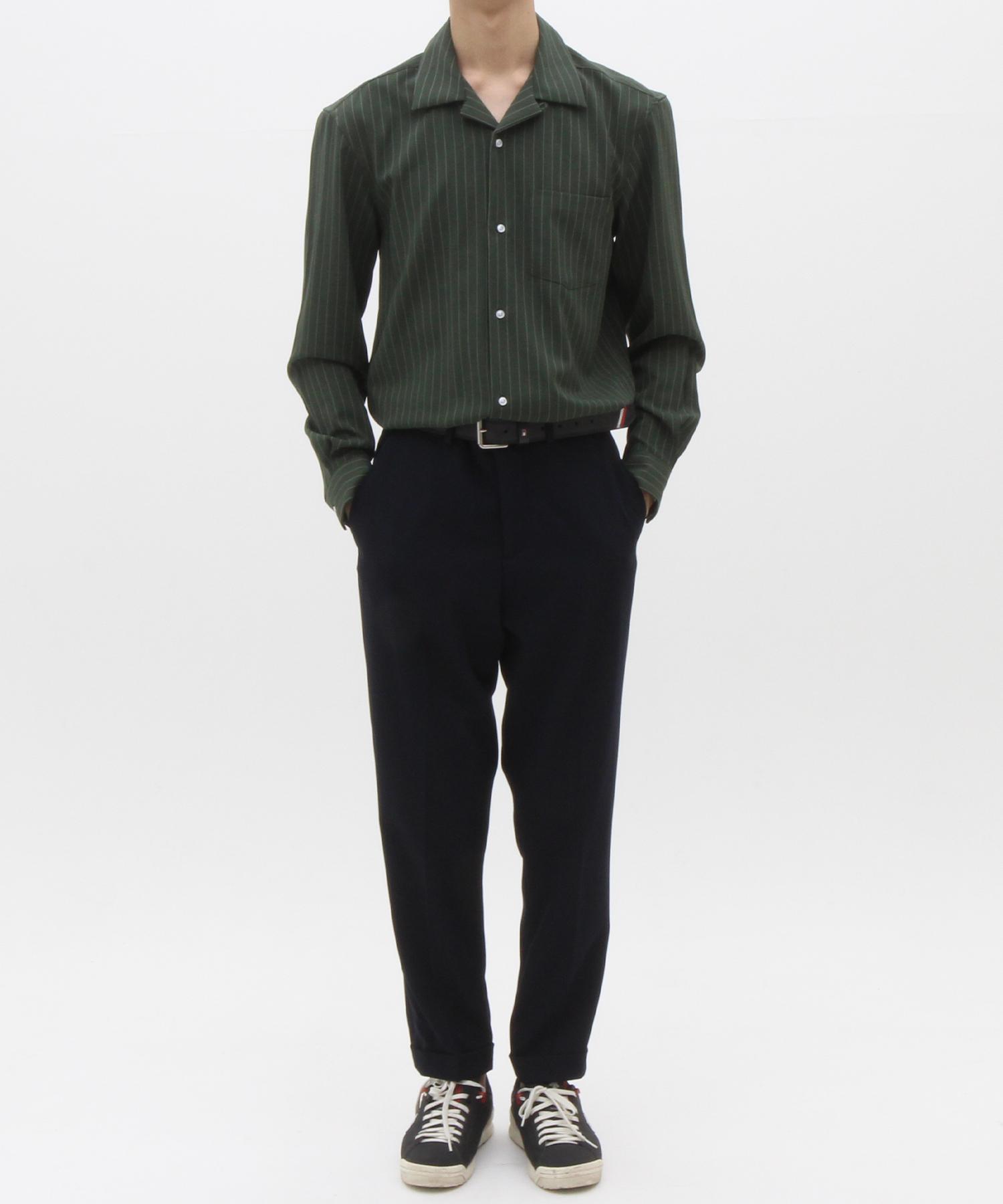 The Shirt Studio Deep Green Loose Fit Spandex Striped Open Collar Shirt 95