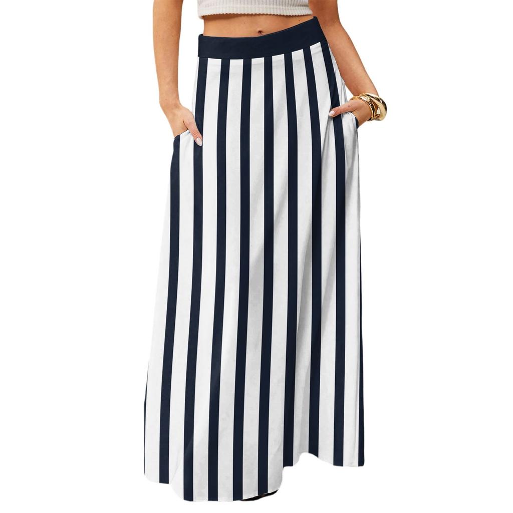 Damen Lässig Freizeit Faltbar Gestreift Kariert Druck Hohe Taille Mit Tasche Drapierter Entspannter Langer Maxi Rock