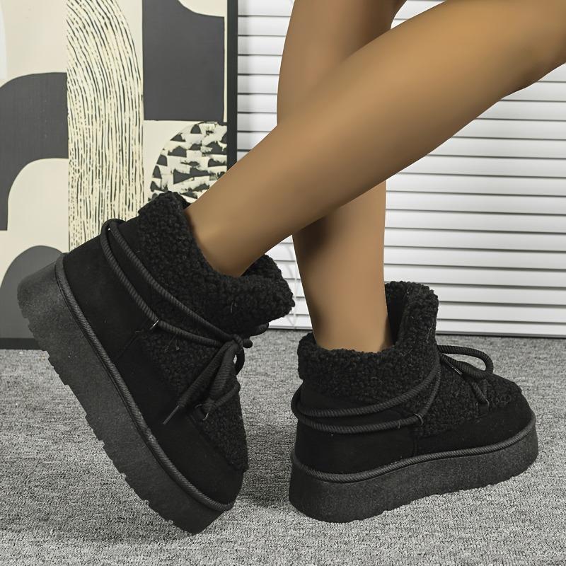 Women's Winter Plush Furry Collar & Cuff Short Boots - Beige Round-Toe Lace-Up Snow Boots with TPR Sole, Warm Cozy Traction Tires for Ice & Snow