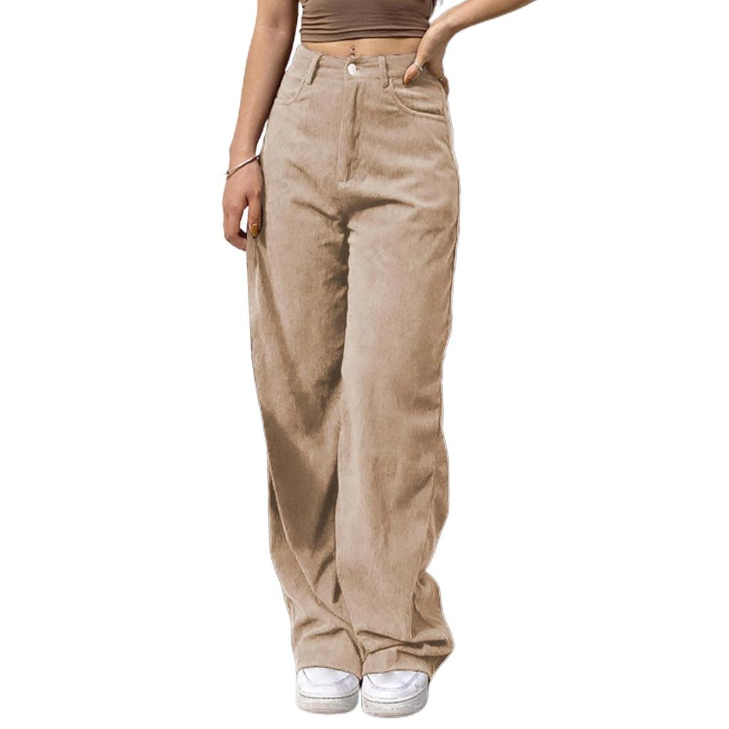 Ladies' Fashionable Color Straight Leg Pants With High Waist Drawstring Pockets And Elastic Waist Casual Pants
