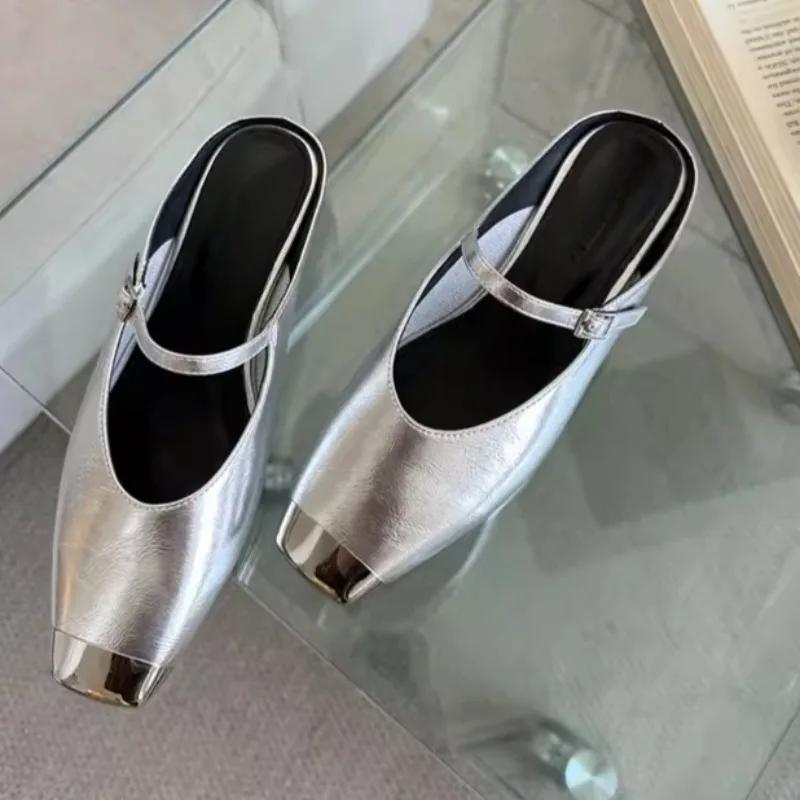 Metal Square-toe Low-heeled Slippers Autumn New Shallow-mouthed One-line Belt Soft-soled Non-slip Wrapped Shoes
