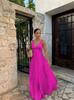 European and American spring and summer dress skirt waist fold suspender V-neck solid color fashion dress