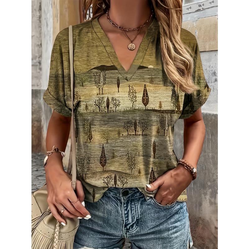 

Summer new ethnic style full printed V-neck roll-sleeve fashion casual large size women s short-sleeved T-shirt 5XL
