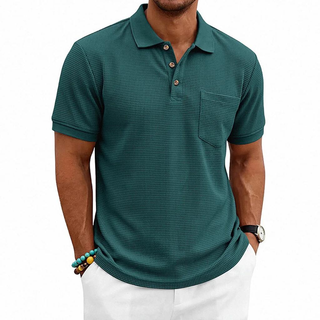 Men's Breathable Waffle Knit Polo Shirt Short Sleeve Button Placket Chest Pocket Loose Fit Summer Tops