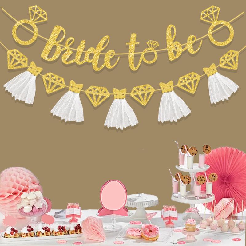 European & American Wedding Party Decor: 'Bride to Be' Tulle Skirt Glitter Banner with Diamond Ring Design