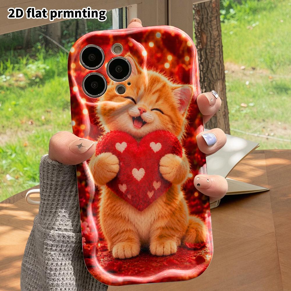 Phone Case: 2D Flat, Fits iPhone 12Pro, 13, 14, 15, 16, 17, 18, Phone Decor, Red Heart Orange Cat, Perfect Gift for Christmas and Halloween