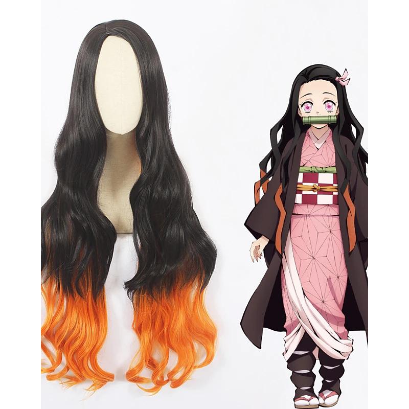 HAIRJOY Synthetisch Haar Kamado Nezuko Cosplay Pruik Lang Krullend Midden Scheiding Halloween Pruik 26inches black