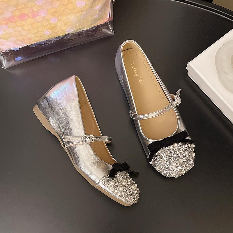 Sweet Bowknot Decoration Increased Internal Ballet Shoes Women Autumn Round Toe Low Heel Pumps Luxury Glitter Dress Party Shoes