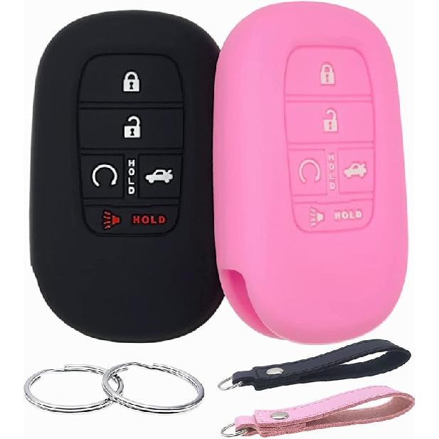 Silicone Rubber Key Fob Cover Compatible with (5 Buttons) -2025 Honda Accord Civic HR-V CR-V Pilot Sport SI EX EX-L Touring (Black Pink)