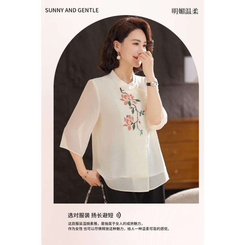 New Chinese-style Mom Spring Chiffon Blouse New Middle-aged and Elderly Women's Summer Suit Lady's Style Top
