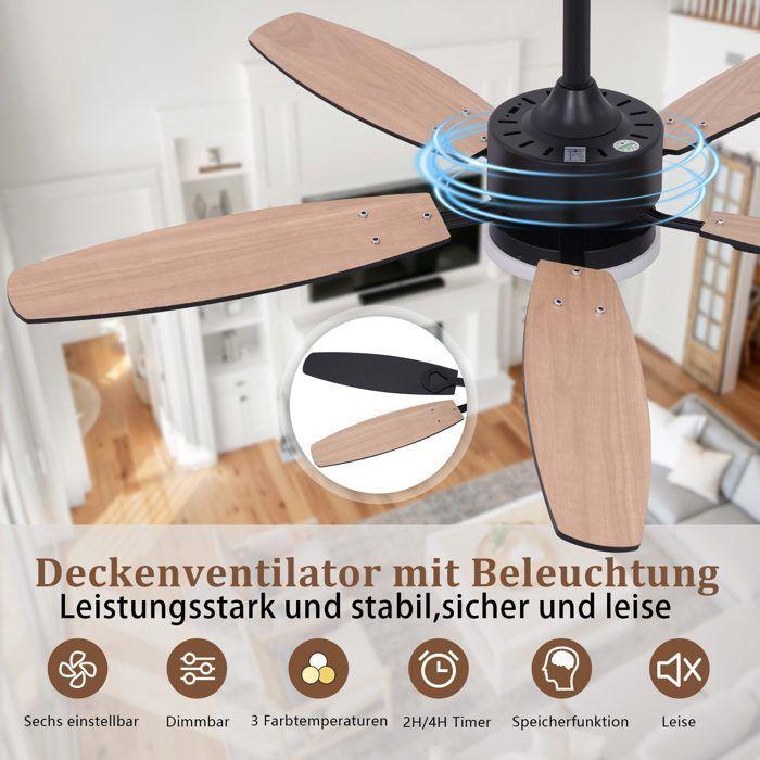 Ventilateur de plafond - NETTLIFE - 112 cm - 5 pales - Luminaire LED dimmable - Télécommande