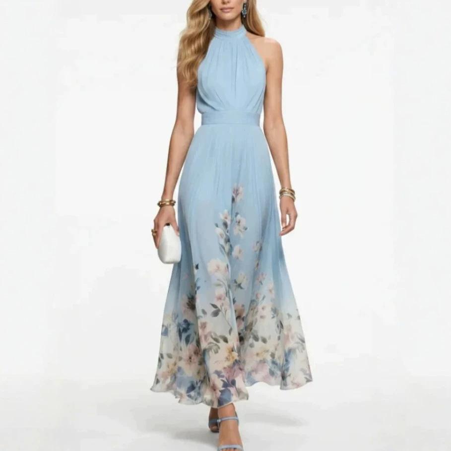 2026 New European and American Neck Sleeveless Lace-up Printed Elegant Temperament Long Dress
