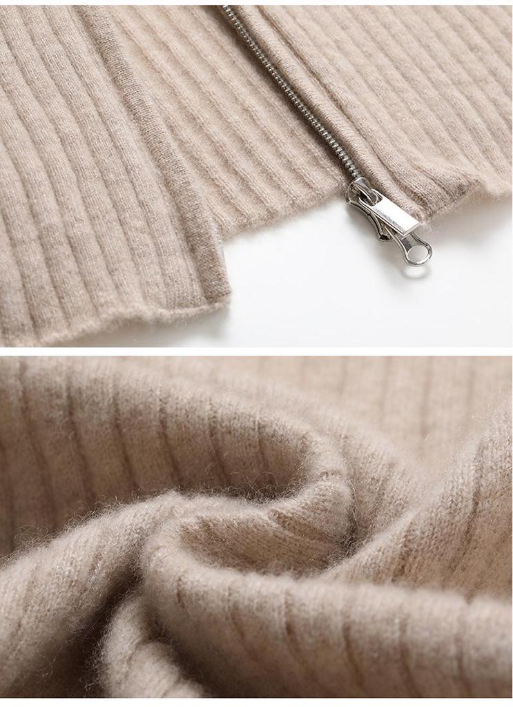 Women's Slim Fit Striped Cashmere Cardigan - Stand Collar, Long Sleeve, Zipper Knitwear Sweater for Autumn & Winter