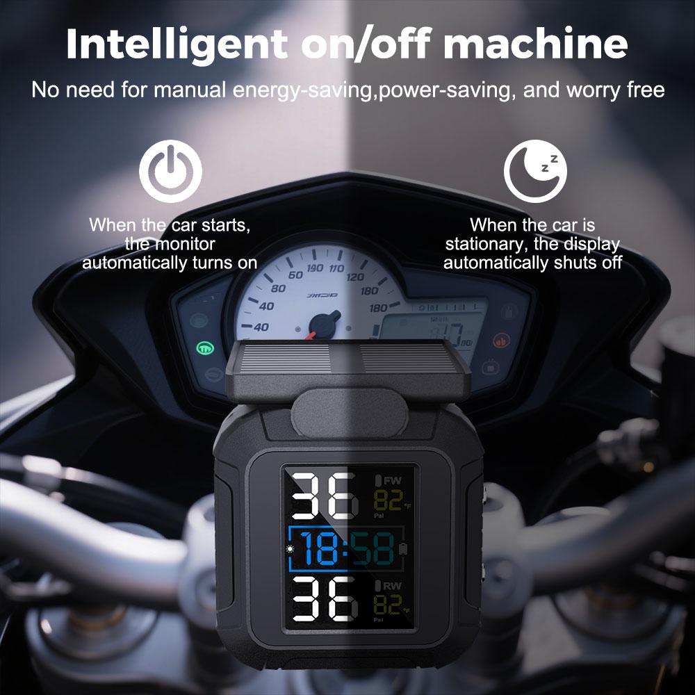 Motocyklový TPMS Moto Systémy alarmu pneumatik Solární energie Reálný čas Se 2 externími senzory Systém monitorování tlaku v pneumatikách Teplotní alarm