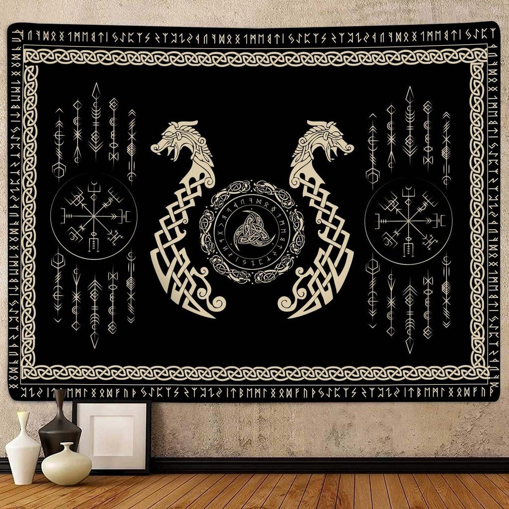 Viking Dragon Tapestry, Ancient Rune Dragon Totem Norse Mythology Wall Art Tapestries, Black White Mystical Geometric Norse