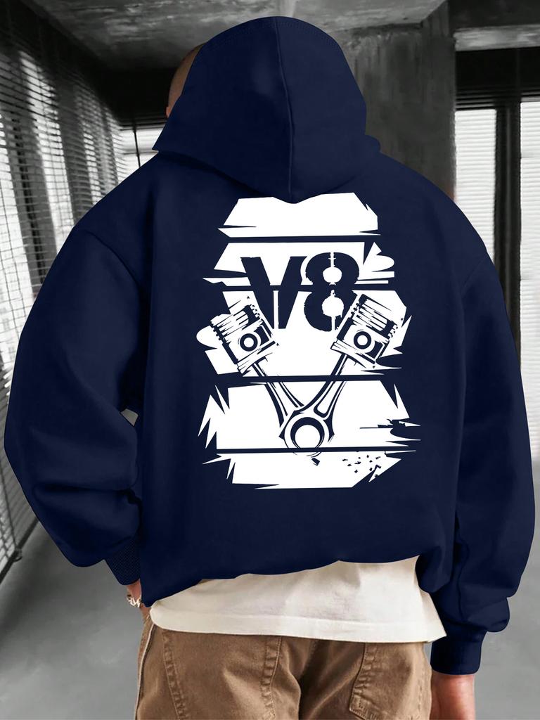 V8 Engine Piston Graffiti Mechanical Print Men Hip Hop Sports Hoodie Back Automotive Culture Graphic Loose Street Sweatshirt
