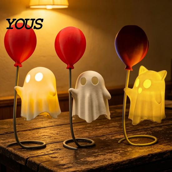 Balloon Ghost Figurine Cute with Balloon, Warm LED Night Light, Halloween Spooky Ornament Decoration for Bedroom Desk Table Centerpiece Cozy