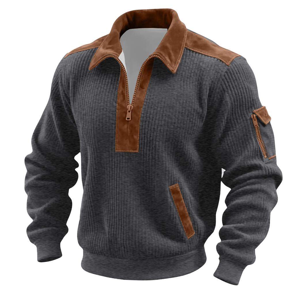 Men's Solid Color Corduroy Zipper Neck Long Sleeve Top Men's Casual Lapel Top