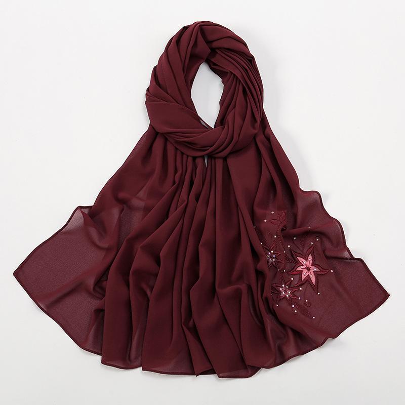 Malaysia and Indonesia hot-selling new chiffon embroidery hot diamond solid color headscarf women, simple and versatile large size long towel