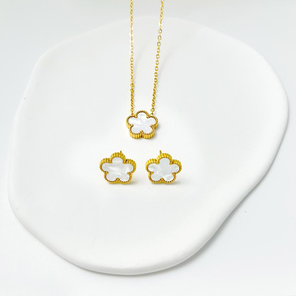 ALTERA 2Pcs Luxury 5 Leaf Flower Pendant Necklace Earrings for Women Gift Fashion Stainless Steel Double Side Clover Zircon Set