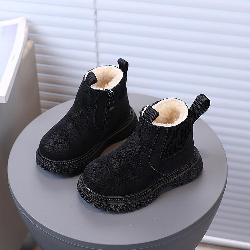 Matte PU Leather Trendy Winter Short Boots for Children Versatile Wear-resistant Chelsea Boots Warm School Shoes Girl Boy I10014