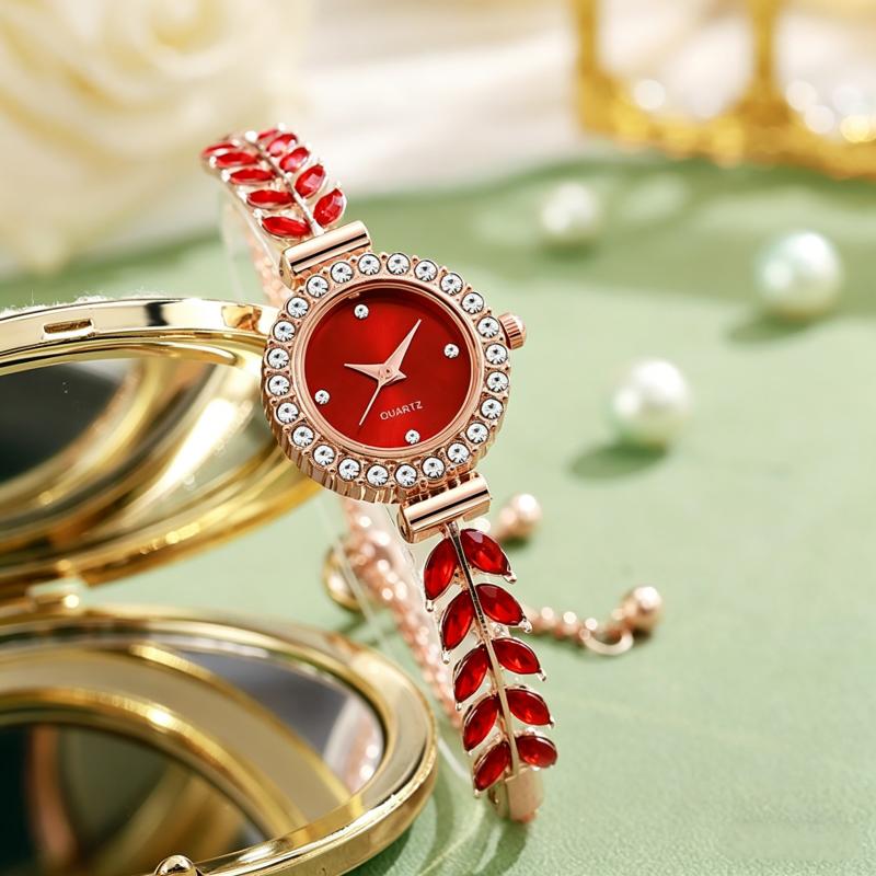 New Fashion Women Quartz Watch Leaf Design Slim Strap Rhinestone Round Dial Pull Adjustable Bracelet Wristwatch