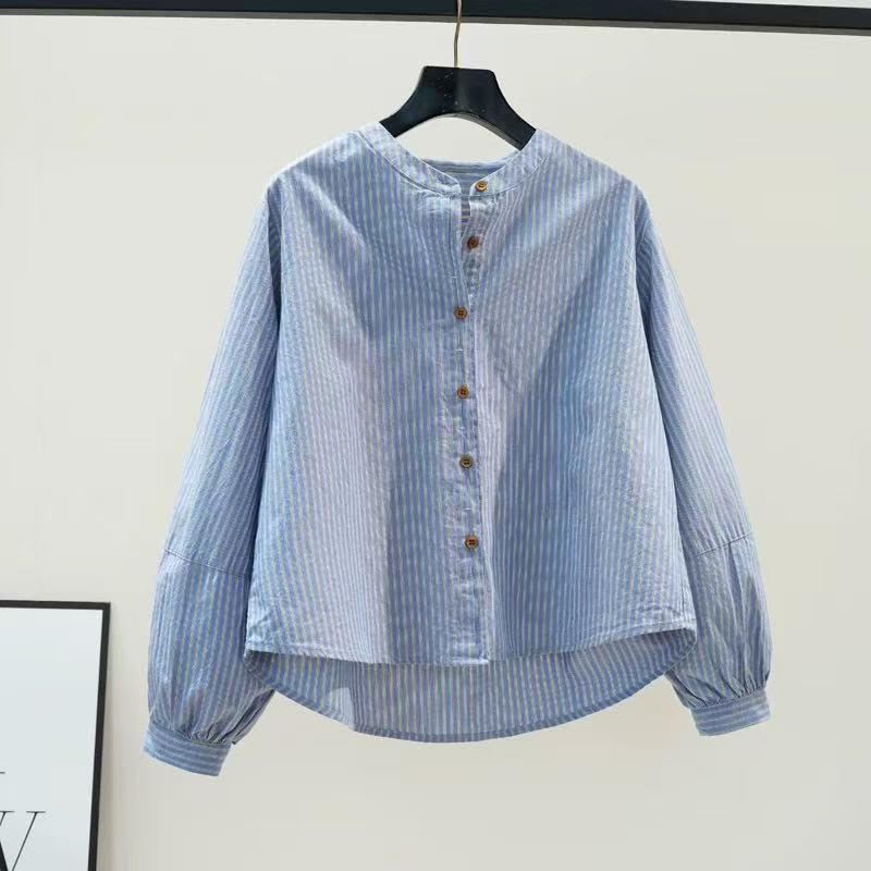 

Женская рубашка с рукавами-фонариками и круглым вырезом в синюю полоску, свободный универсальный повседневный топ L синий