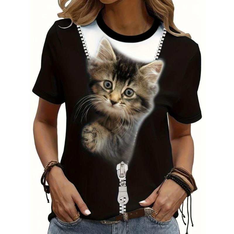 Women s round-neck T-shirt with a cat pattern print S