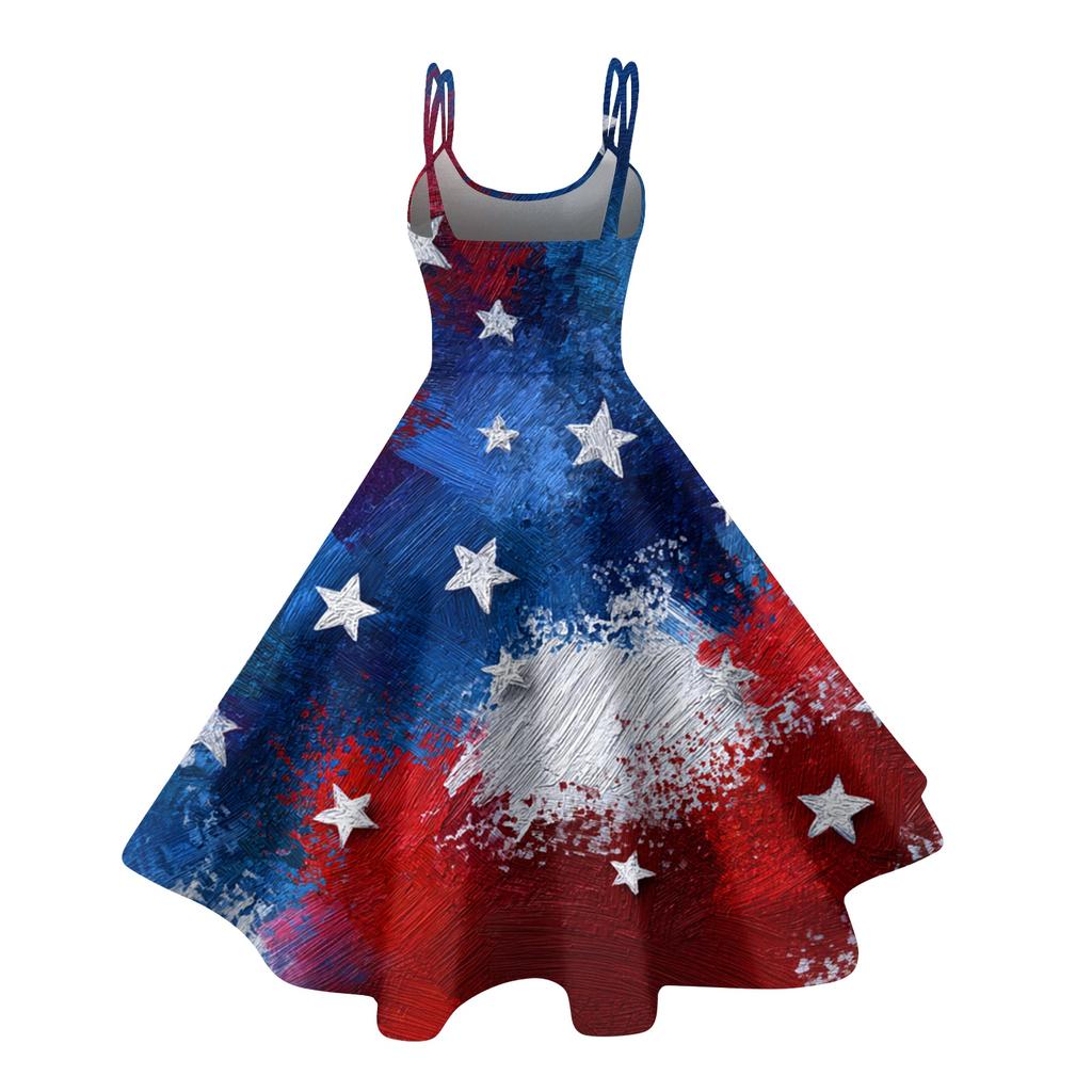 Women’s Sleeveless Vintage Floral Print Off Shoulder Dress with Flag Pattern for Summer Casual Wear