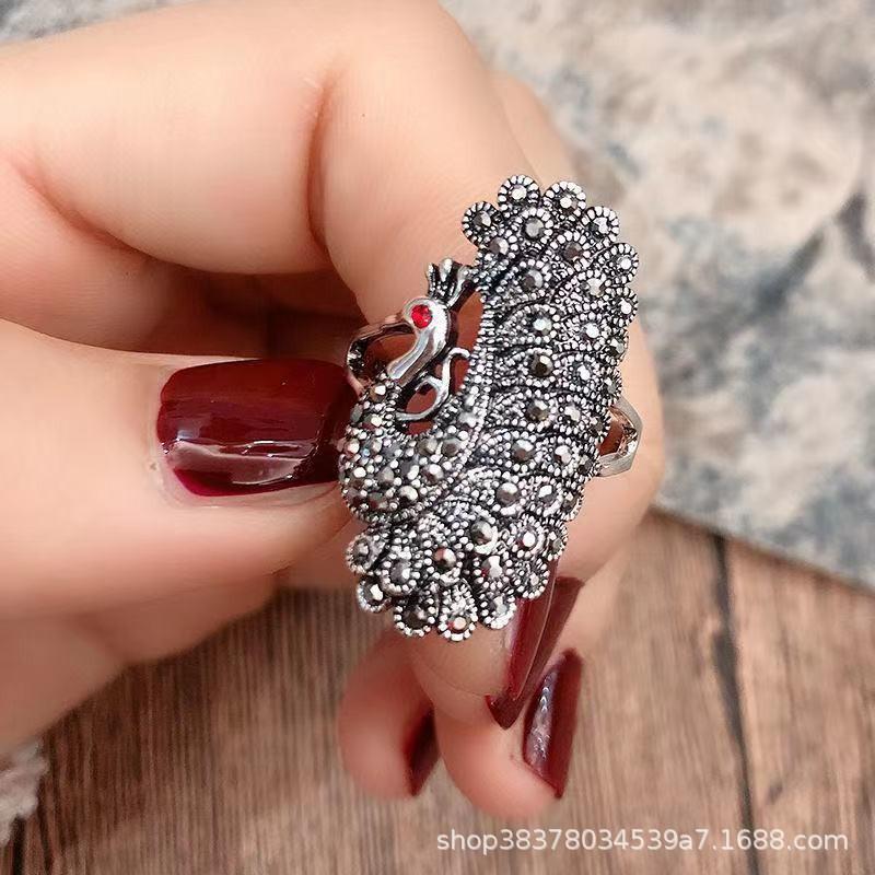 Retro Fashion Peacock Ring Women's Trendy Cool Full Open Index Finger Middle Finger Ring