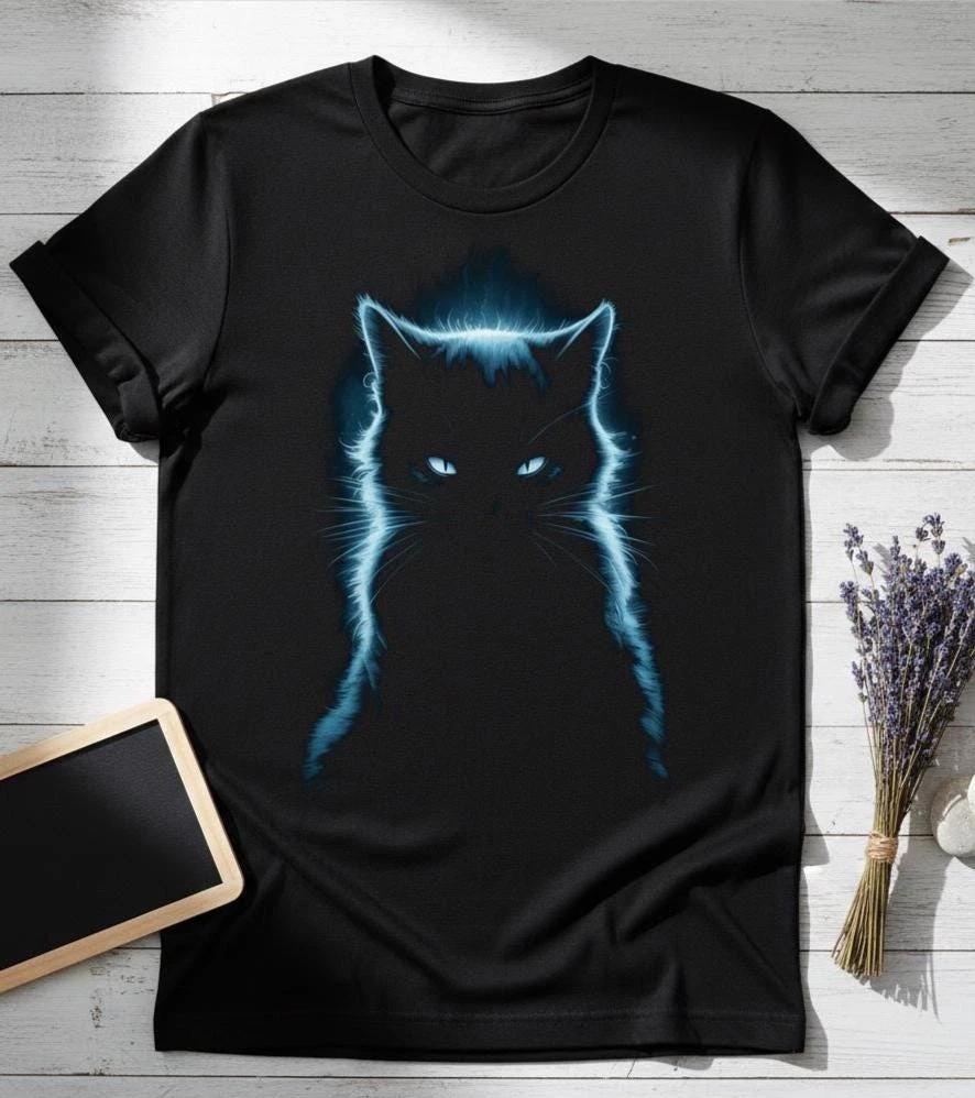 Black Cat T-shirt, Blue Outline Cat Tee, Gothic Cat Graphic T T-shirt, Minimalist S
