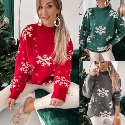 Manga comprida meia gola alta com nervuras guarnição camisola de natal feminino jacquard floco de neve impressão pulôver malhas roupas festival
