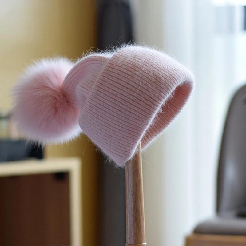 New Rabbit Fur Knitted Hats For Women Real Fox Fur Pom Poms Hat Large Pompom Outdoor Warm Skullies Beanie Winter Hat Christmas