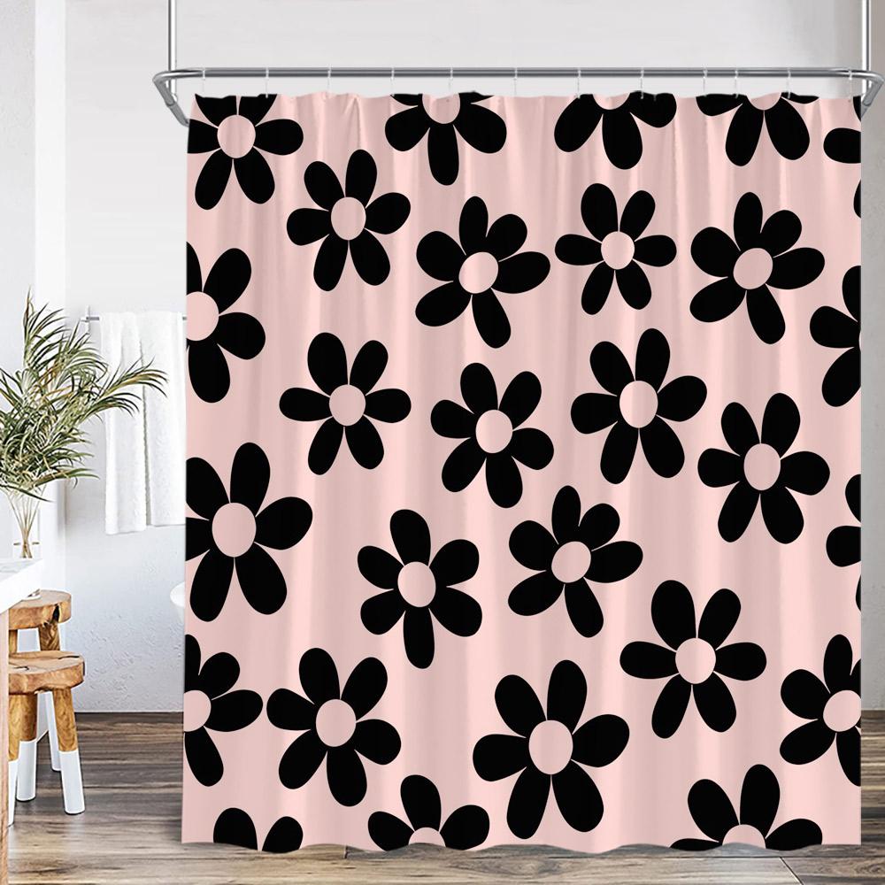 Watercolor Floral Shower Curtain Daisy Herb Plant Flower Botanical Bathroom Decor Modern Dark Polyester Bath Curtain With Hooks