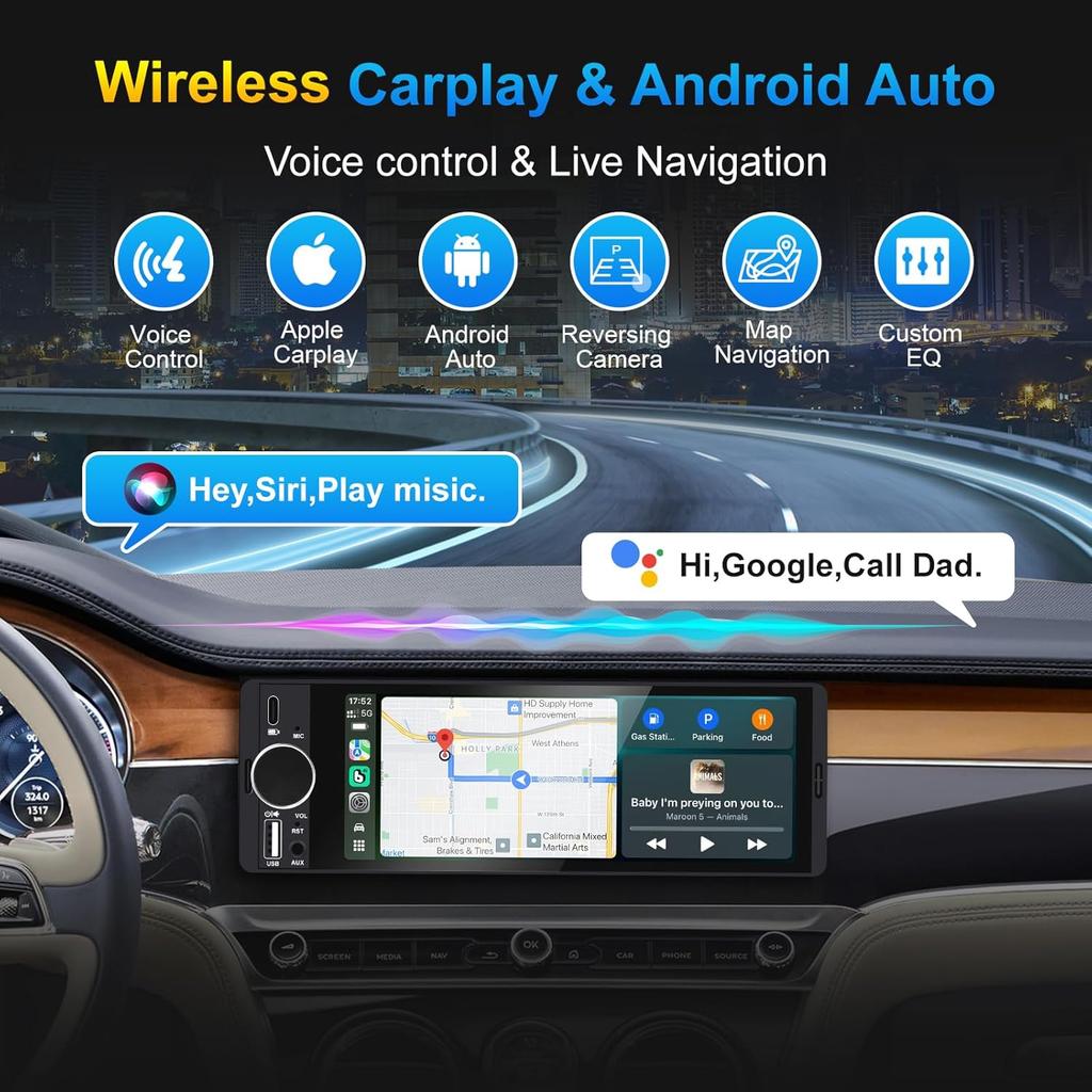 Single Din Car Stereo with Apple CarPlay & Android Auto, 6.36 Inch HD Touch CarPlay Screen, Backup Cam,Bluetooth, USB Type-C, SWC, EQ, FM Radio (with