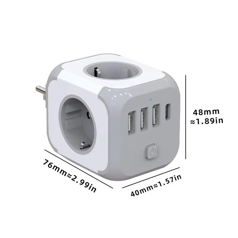 Wall Socket Extender with 3 AC Outlets 3 USB Ports And1 Type C 7-in-1 EU Plug Charger On/Off Switch for Home