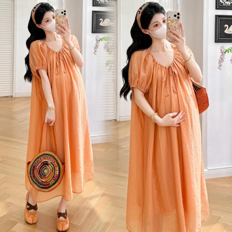 Elegant Orange Soda V-Neck Lace-Up Bubble Sleeve Maternity Dress Extra Large