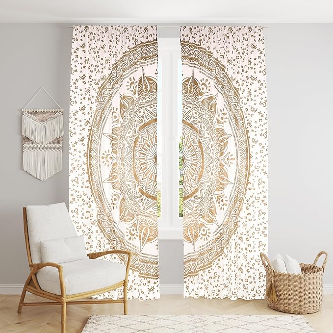 BLESS INTERNATIONAL Beautiful Indian Bohemian Psychedelic Hippie Ombre Window Curtain Panels for Bedroom, Living, Balcony (Golden Passion Flower)