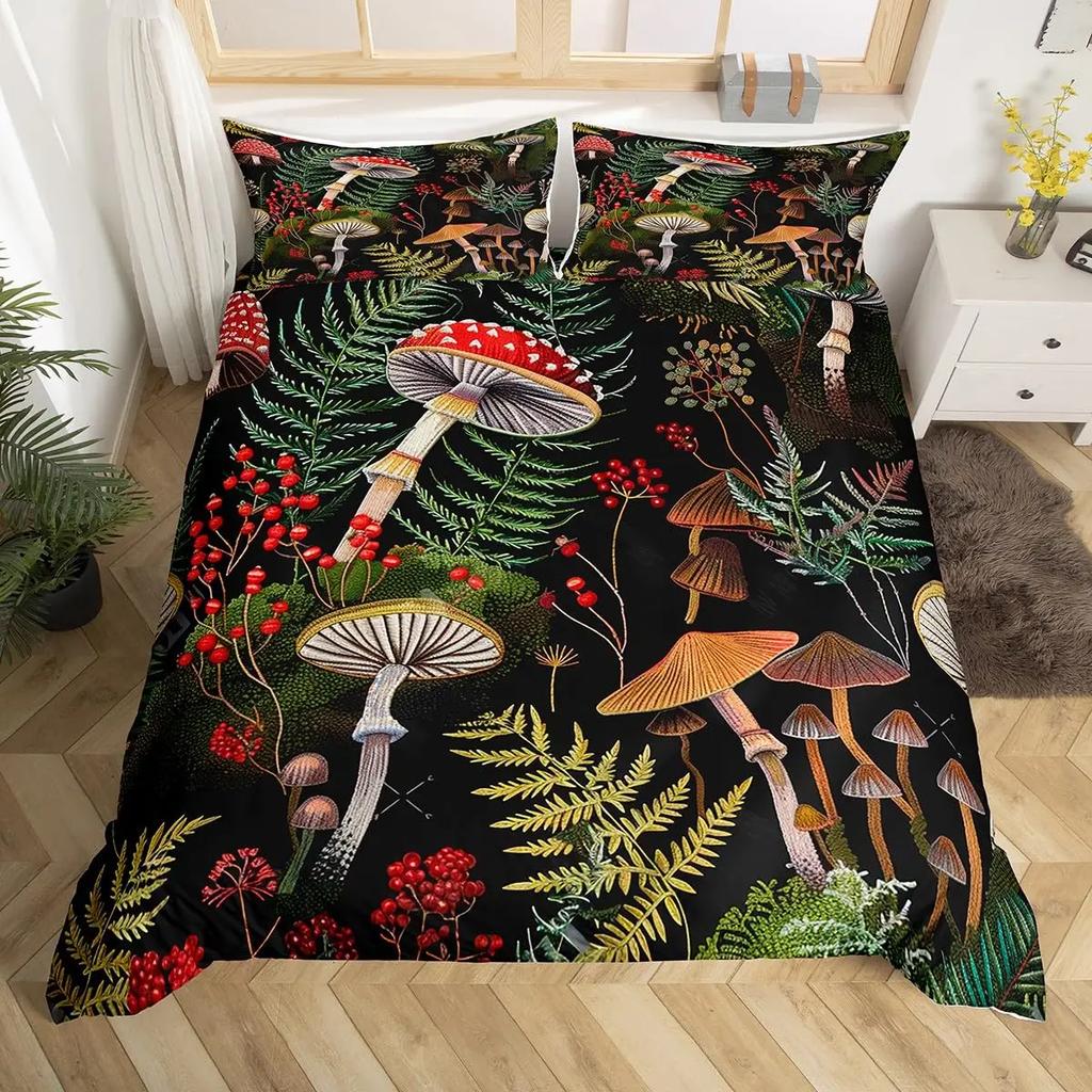 Comforter Cute Mushroom Bedding Set King Queen Size Botanical Comforter Wild Fungus Colorful Plants Leaves